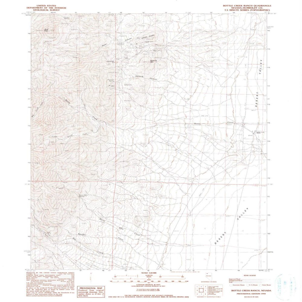 YellowMaps Bottle Creek Ranch NV topo map, 1:24000 Scale, 7.5 X 7.5 Minute, Historical, 1990, Updated 1990, 26.9 x 22 in - Polypropylene