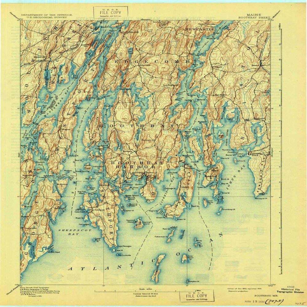 YellowMaps Boothbay ME topo map, 1:62500 Scale, 15 X 15 Minute, Historical, 1893, Updated 1930, 20.3 x 15.6 in - Polypropylene