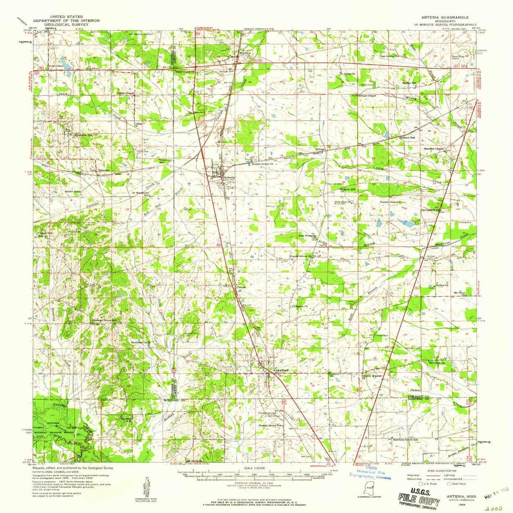 YellowMaps Artesia MS topo map, 1:62500 Scale, 15 X 15 Minute, Historical, 1959, Updated 1960, 20.7 x 17 in - Tyvek