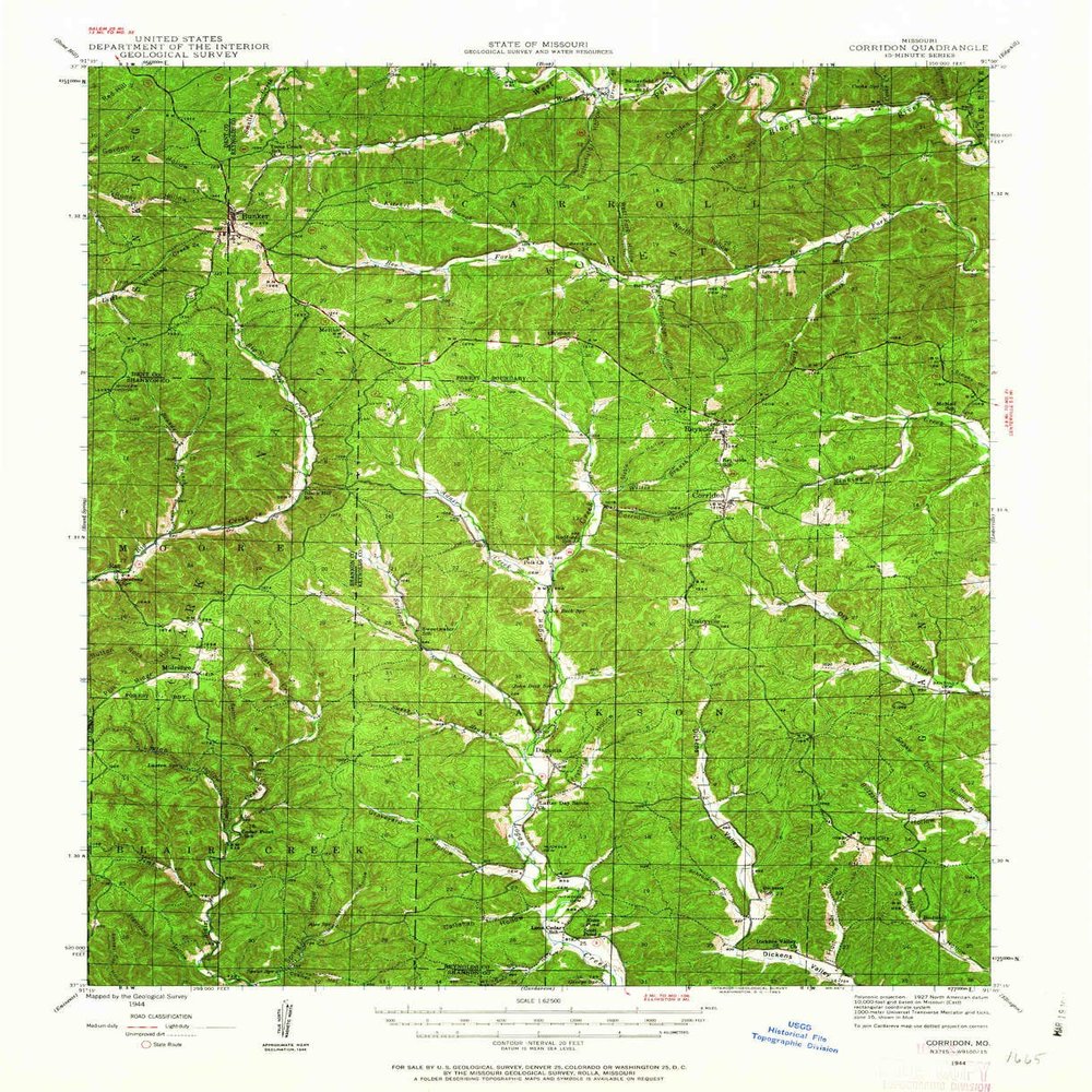 YellowMaps Corridon MO topo map, 1:62500 Scale, 15 X 15 Minute, Historical, 1944, Updated 1963, 20.8 x 16.9 in - Polypropylene