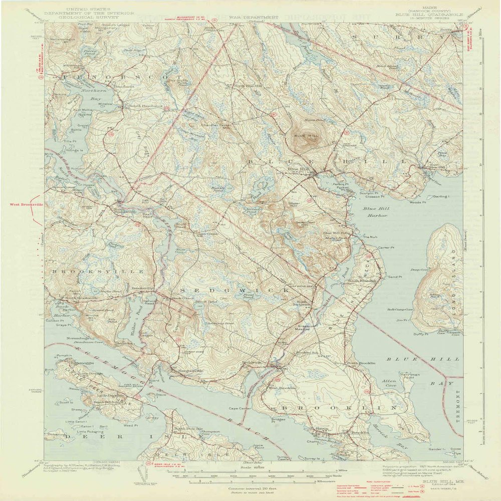 YellowMaps Blue Hill ME topo map, 1:62500 Scale, 15 X 15 Minute, Historical, 1944, 20 x 15 in - Polypropylene