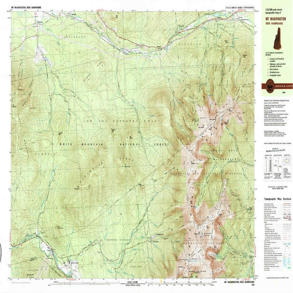 YellowMaps Mt Washington NH topo map, 1:25000 Scale, 7.5 X 15 Minute, Historical, 1982, Updated 1983, 24 x 37.8 in - Polypropylene