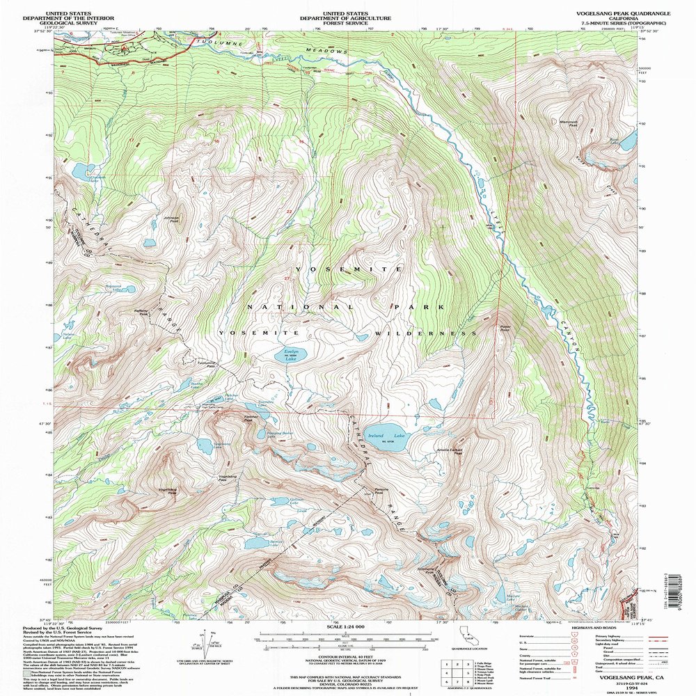 YellowMaps Vogelsang Peak CA topo map, 1:24000 Scale, 7.5 X 7.5 Minute, Historical, 1994, Updated 1997, 26.8 x 21.4 in - Polypropylene