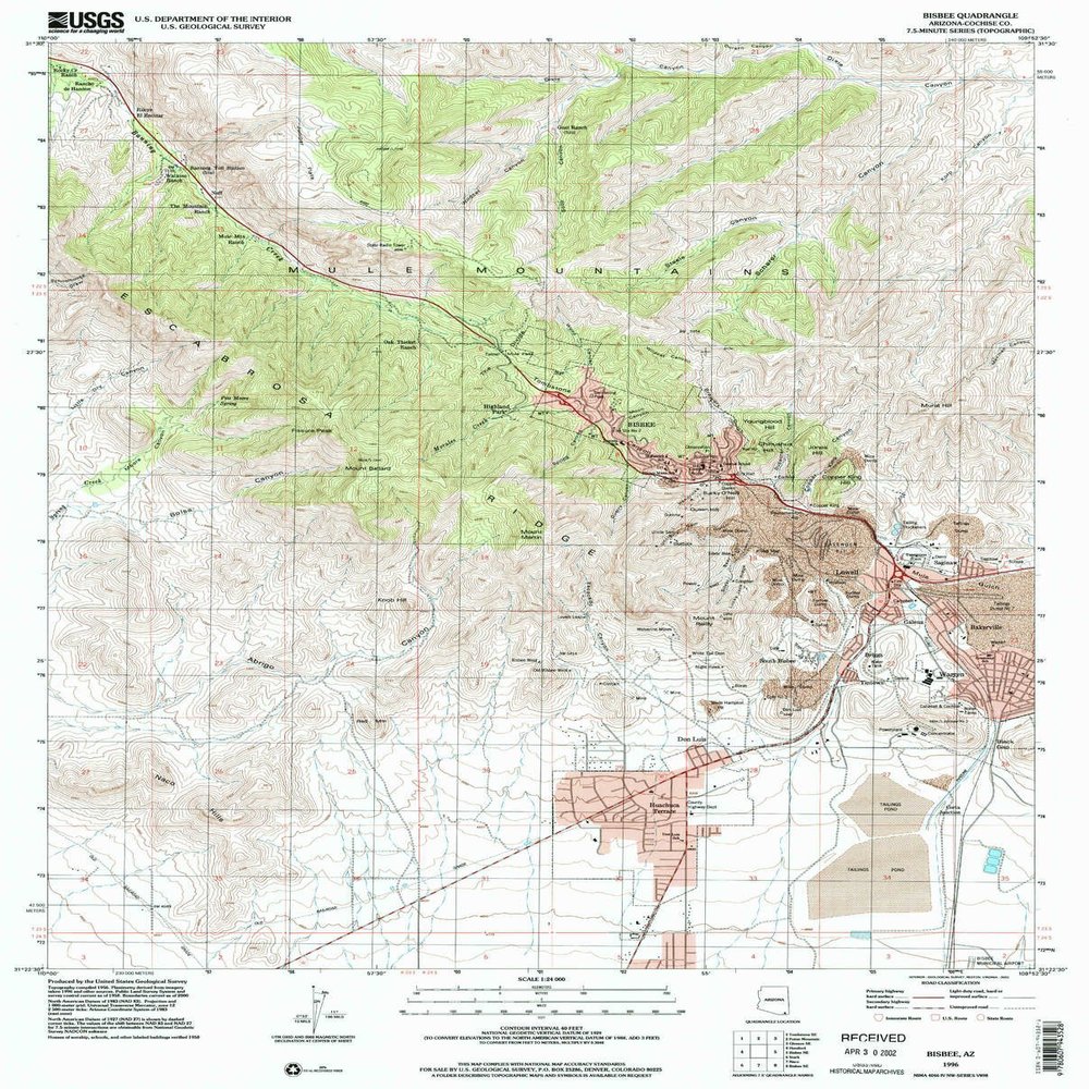 YellowMaps Bisbee AZ topo map, 1:24000 Scale, 7.5 X 7.5 Minute, Historical, 1996, Updated 2002, 26.7 x 21.5 in - Polypropylene