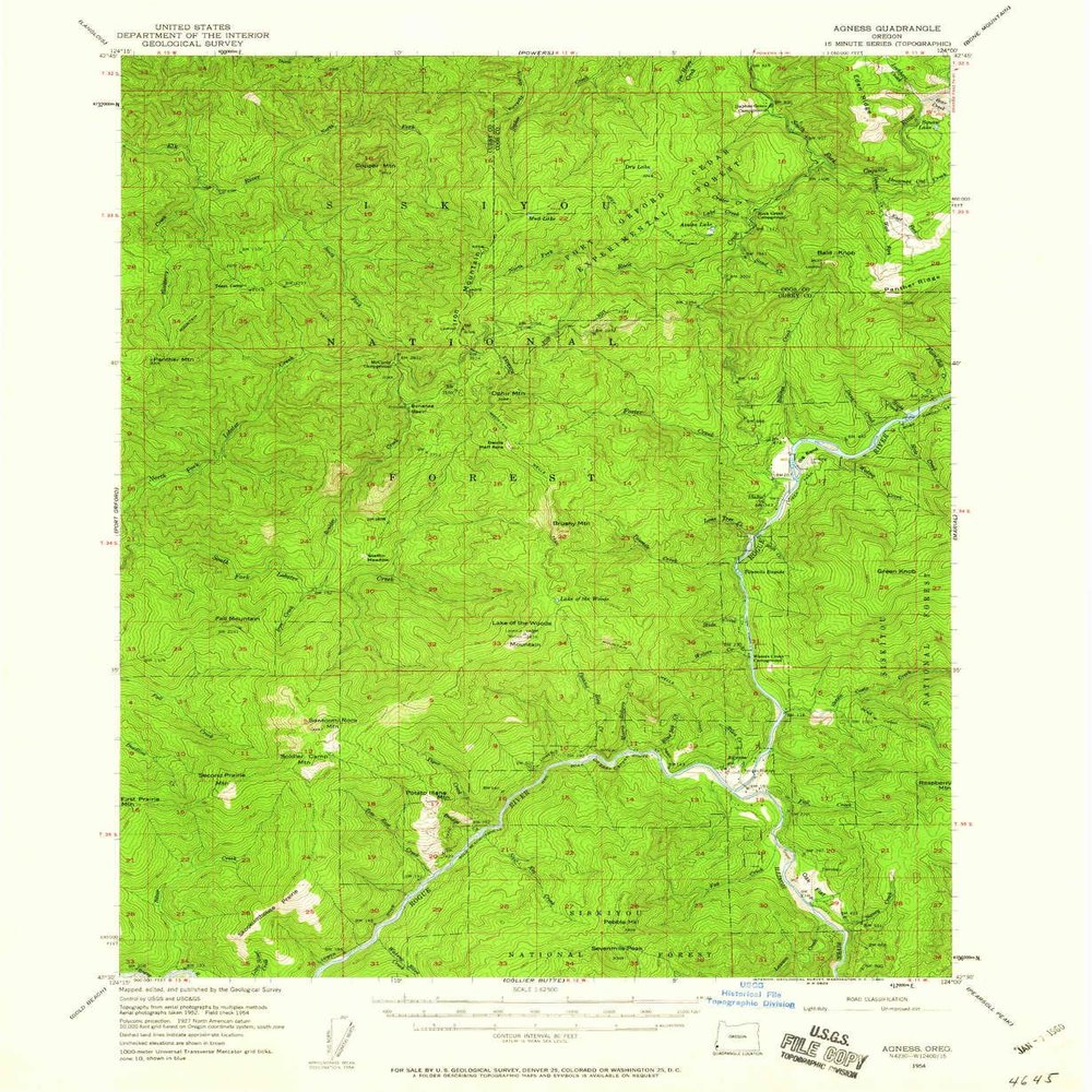 YellowMaps Agness OR topo map, 1:62500 Scale, 15 X 15 Minute, Historical, 1954, Updated 1960, 20.7 x 17 in - Tyvek
