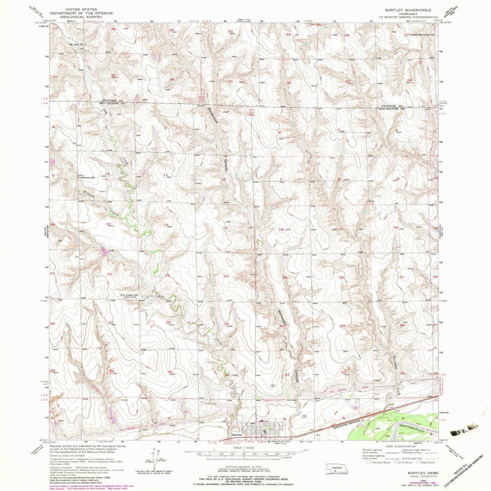YellowMaps Bartley NE topo map, 1:24000 Scale, 7.5 X 7.5 Minute, Historical, 1956, Updated 1983, 26.8 x 22 in - Polypropylene