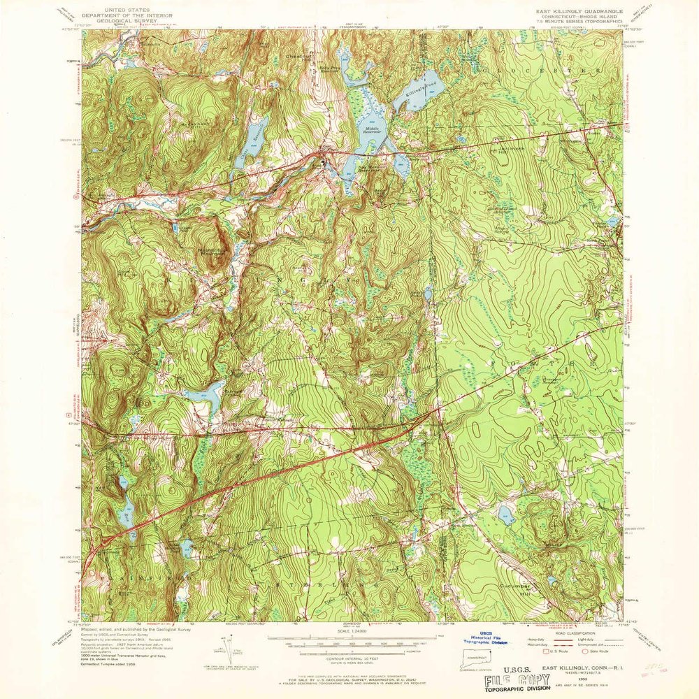 YellowMaps East Killingly CT topo map, 1:24000 Scale, 7.5 X 7.5 Minute, Historical, 1955, Updated 1969, 26.9 x 22 in - Tyvek