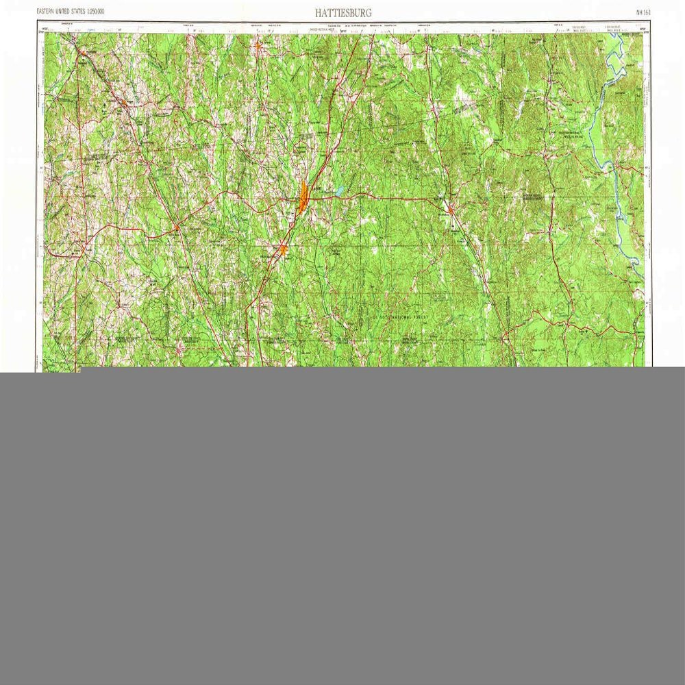 YellowMaps Hattiesburg MS topo map, 1:250000 Scale, 1 X 2 Degree, Historical, 1953, Updated 1965, 22.1 x 34.1 in - Tyvek