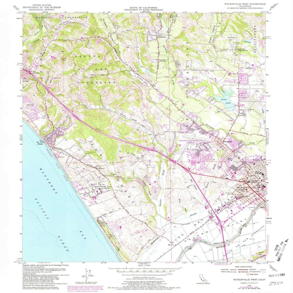 YellowMaps Watsonville West CA topo map, 1:24000 Scale, 7.5 X 7.5 Minute, Historical, 1954, Updated 1981, 26.8 x 22 in - Tyvek