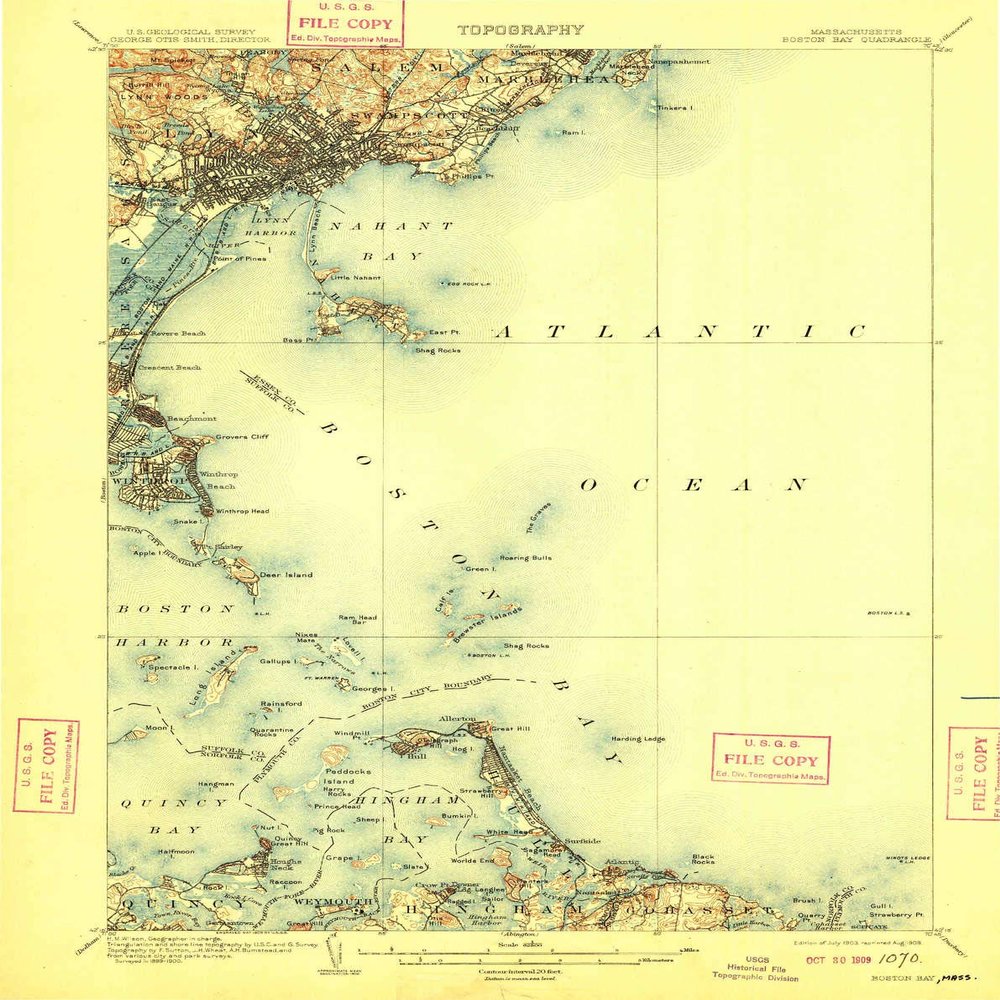 YellowMaps Boston Bay MA topo map, 1:62500 Scale, 15 X 15 Minute, Historical, 1903, Updated 1909, 19.8 x 15.8 in - Polypropylene