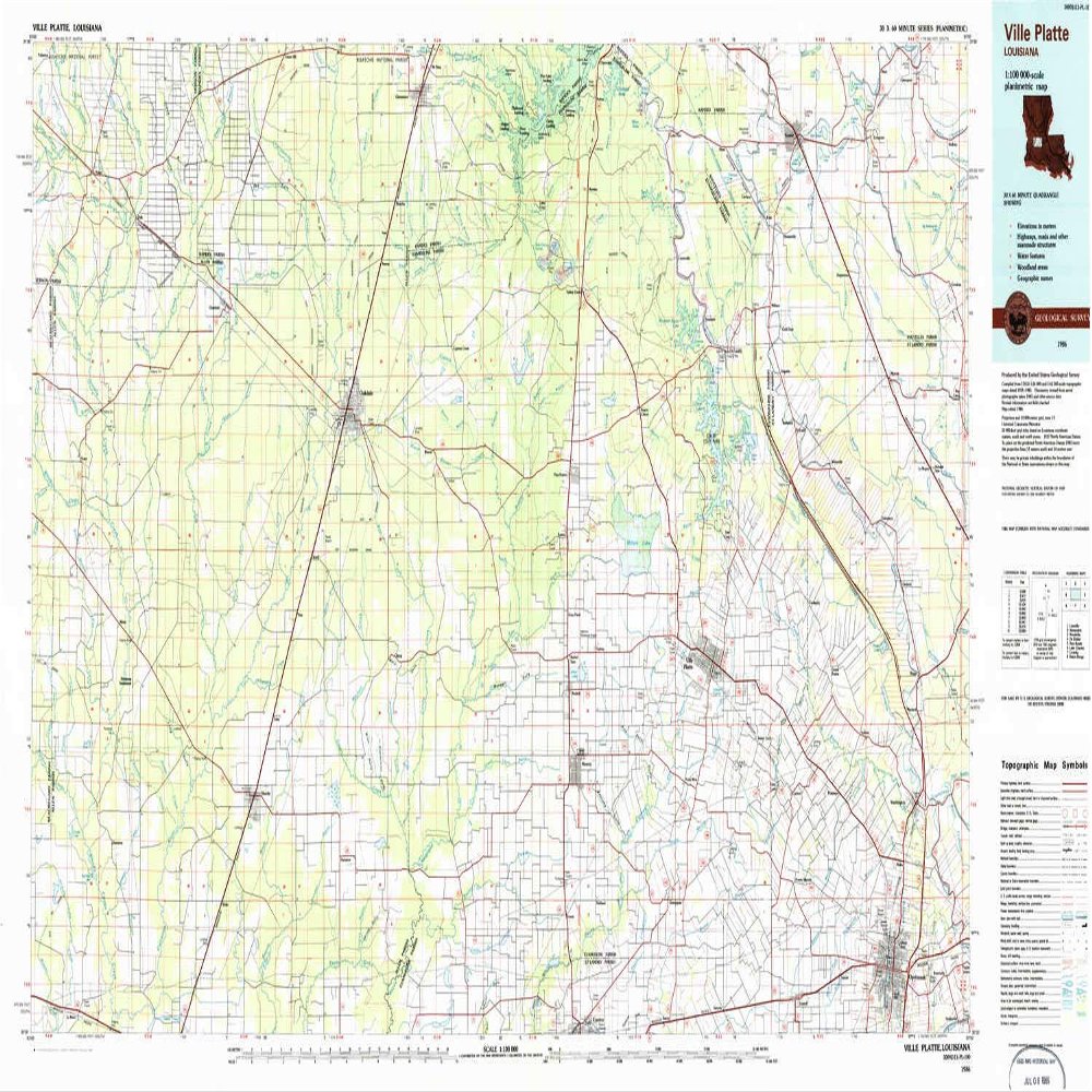 YellowMaps Ville Platte LA topo map, 1:100000 Scale, 30 X 60 Minute, Historical, 1986, Updated 1986, 24.1 x 44 in - Polypropylene