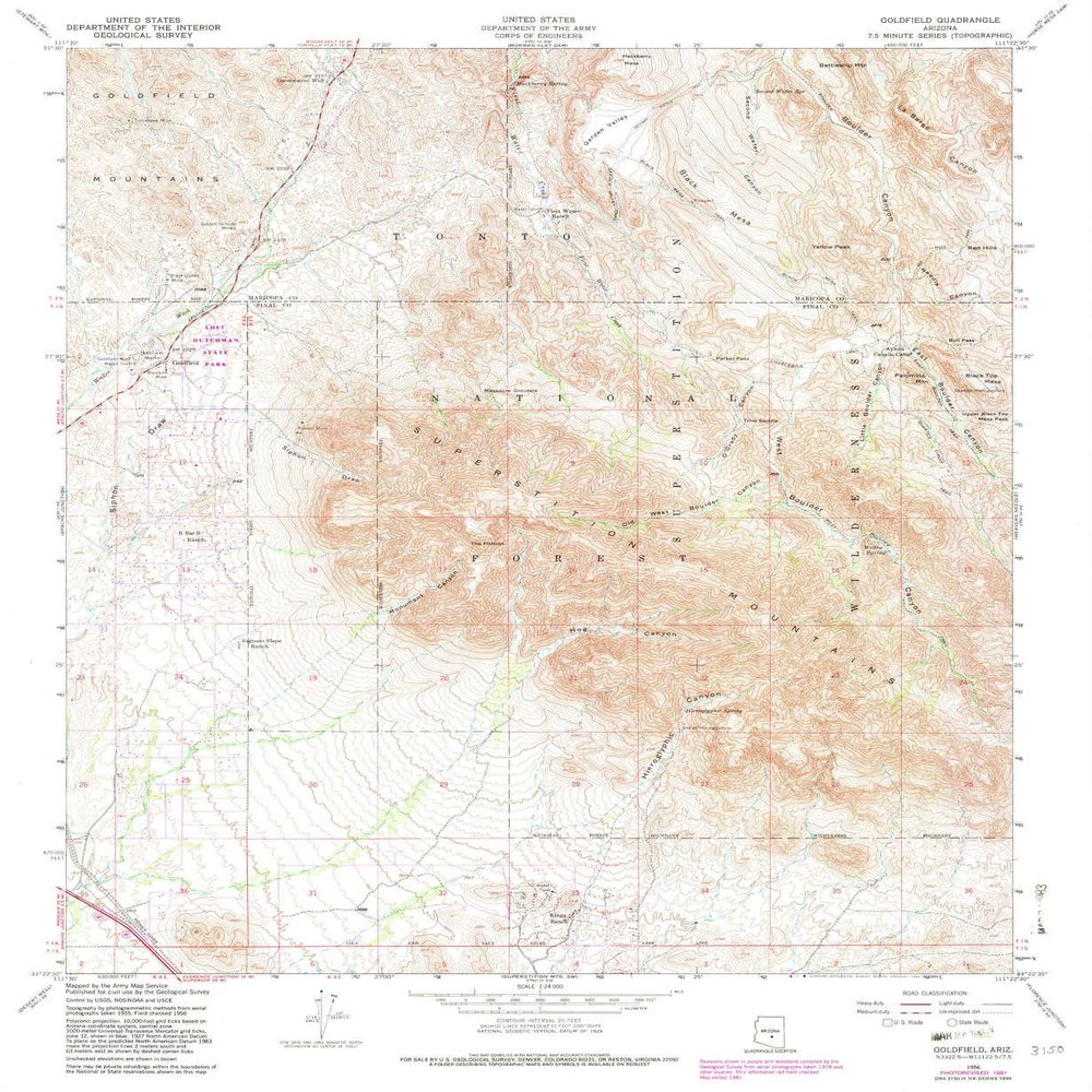 YellowMaps Goldfield AZ topo map, 1:24000 Scale, 7.5 X 7.5 Minute, Historical, 1956, Updated 1982, 26.8 x 22 in - Tyvek