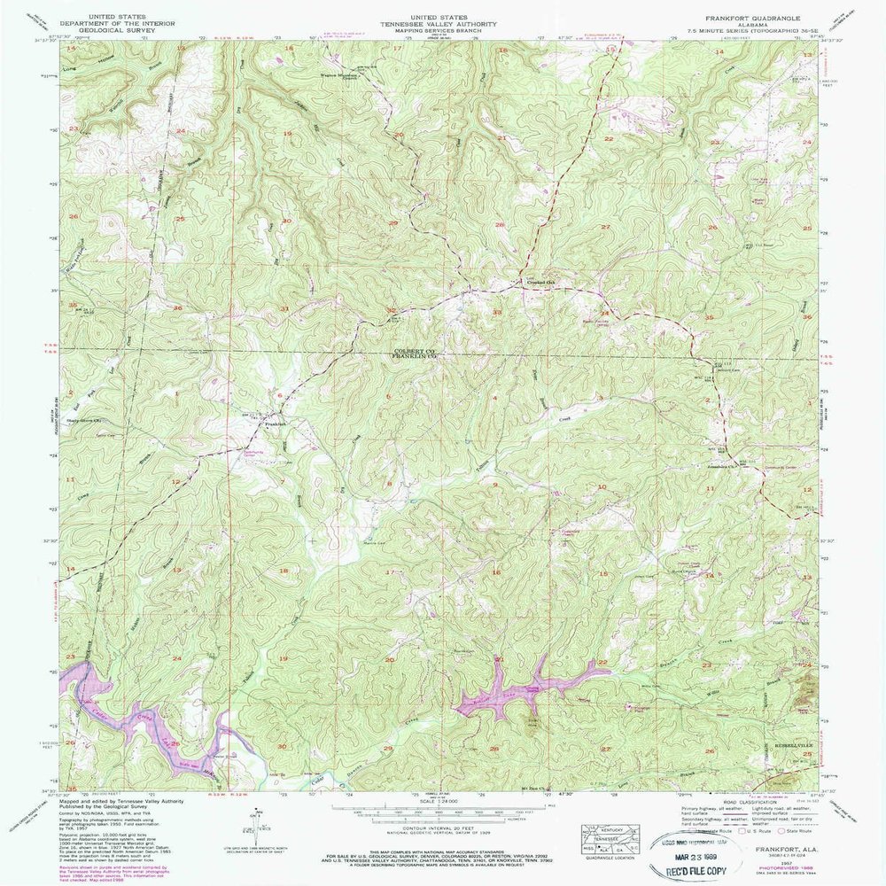 YellowMaps Frankfort AL topo map, 1:24000 Scale, 7.5 X 7.5 Minute, Historical, 1957, Updated 1988, 26.8 x 22 in - Polypropylene
