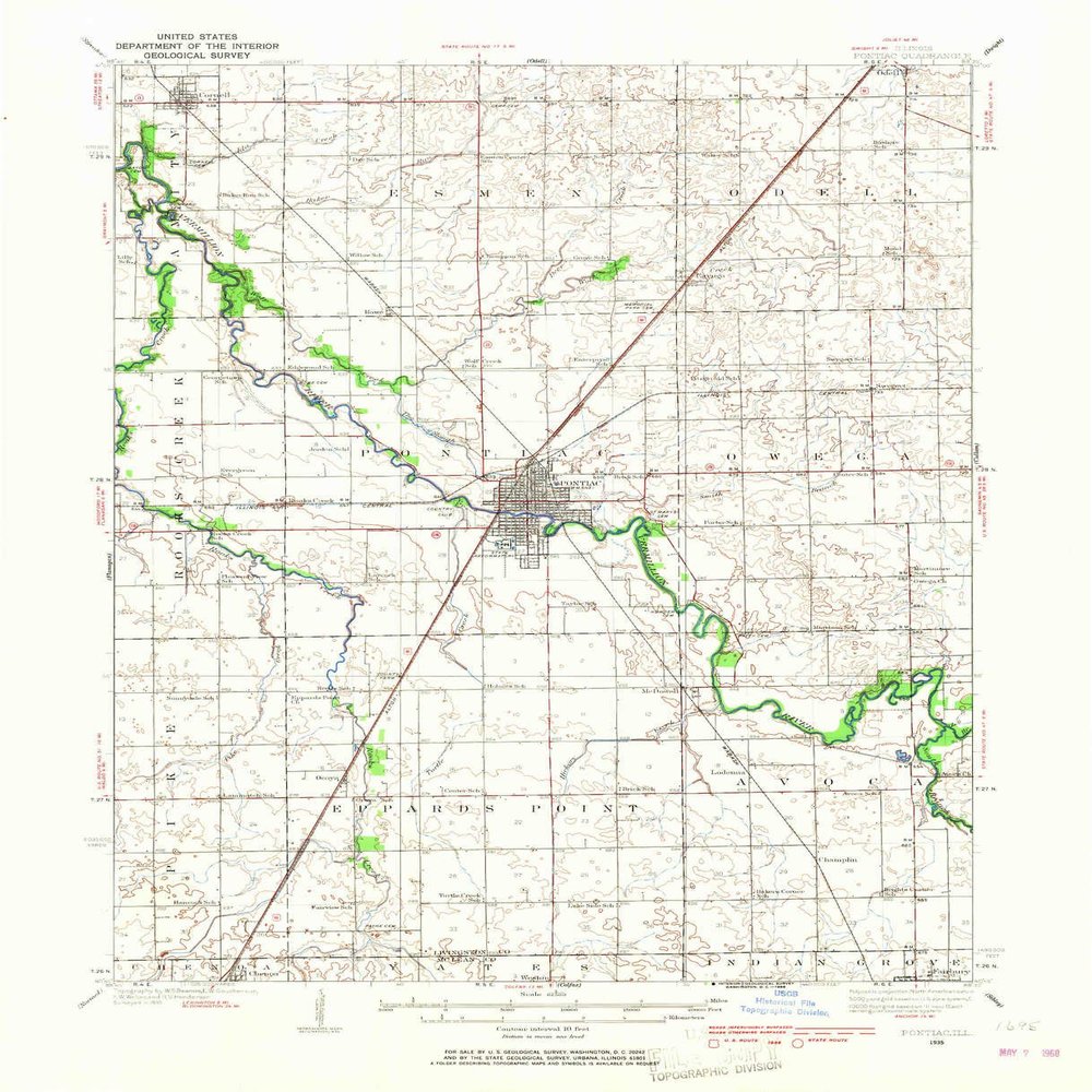 YellowMaps Pontiac IL topo map, 1:62500 Scale, 15 X 15 Minute, Historical, 1935, Updated 1968, 20.8 x 16.9 in - Polypropylene