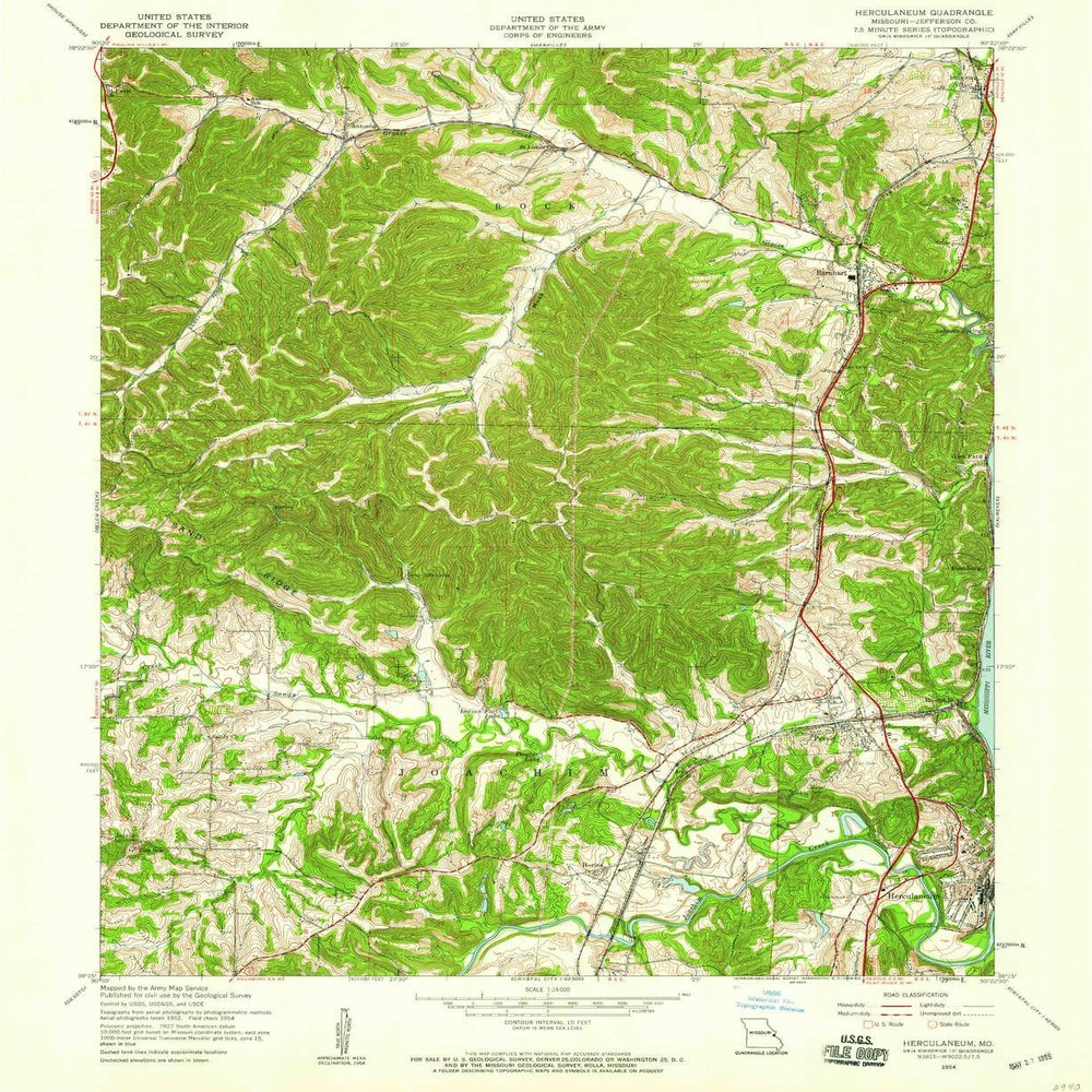 YellowMaps Herculaneum MO topo map, 1:24000 Scale, 7.5 X 7.5 Minute, Historical, 1954, Updated 1959, 26.8 x 21.9 in - Polypropylene