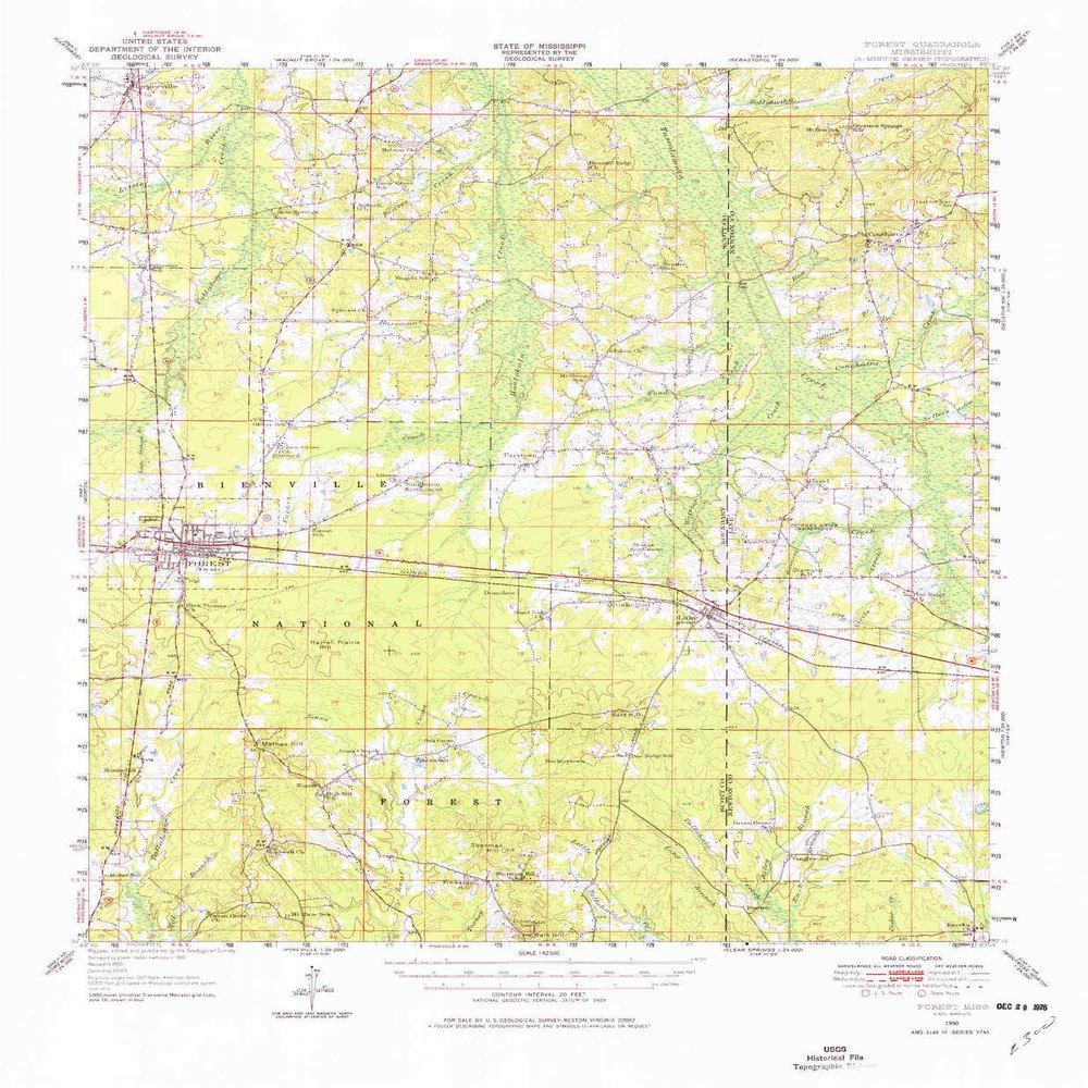 YellowMaps Forest MS topo map, 1:62500 Scale, 15 X 15 Minute, Historical, 1950, Updated 1976, 21.8 x 17.9 in - Tyvek