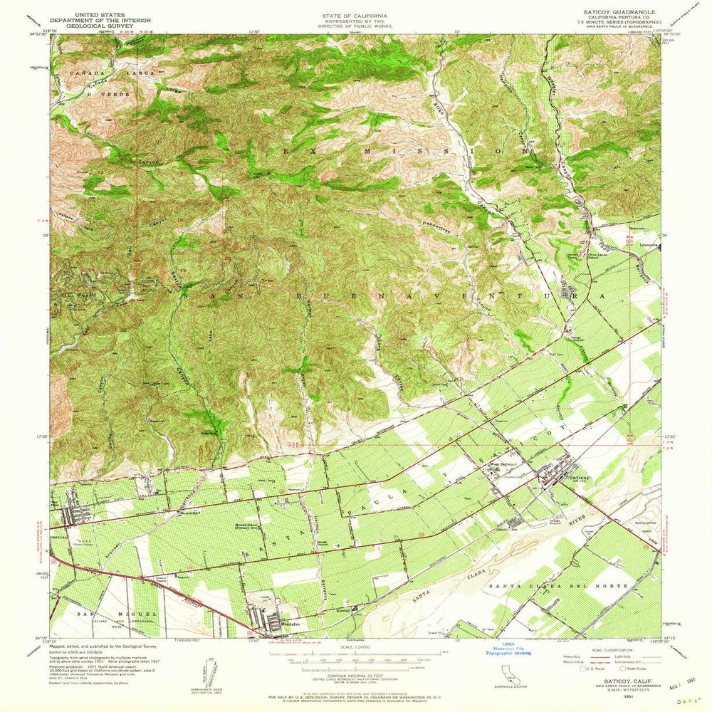 YellowMaps Saticoy CA topo map, 1:24000 Scale, 7.5 X 7.5 Minute, Historical, 1951, Updated 1960, 26.8 x 22 in - Polypropylene