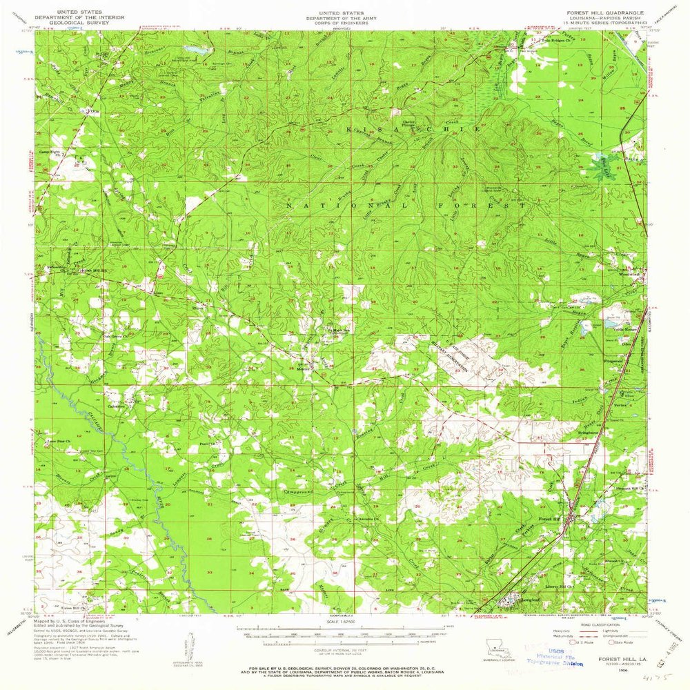 YellowMaps Forest Hill LA topo map, 1:62500 Scale, 15 X 15 Minute, Historical, 1956, Updated 1962, 20.7 x 16.9 in - Polypropylene