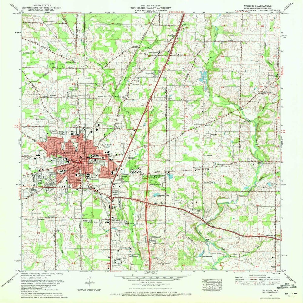 YellowMaps Athens AL topo map, 1:24000 Scale, 7.5 X 7.5 Minute, Historical, 1967, Updated 1972, 26.9 x 22 in - Polypropylene