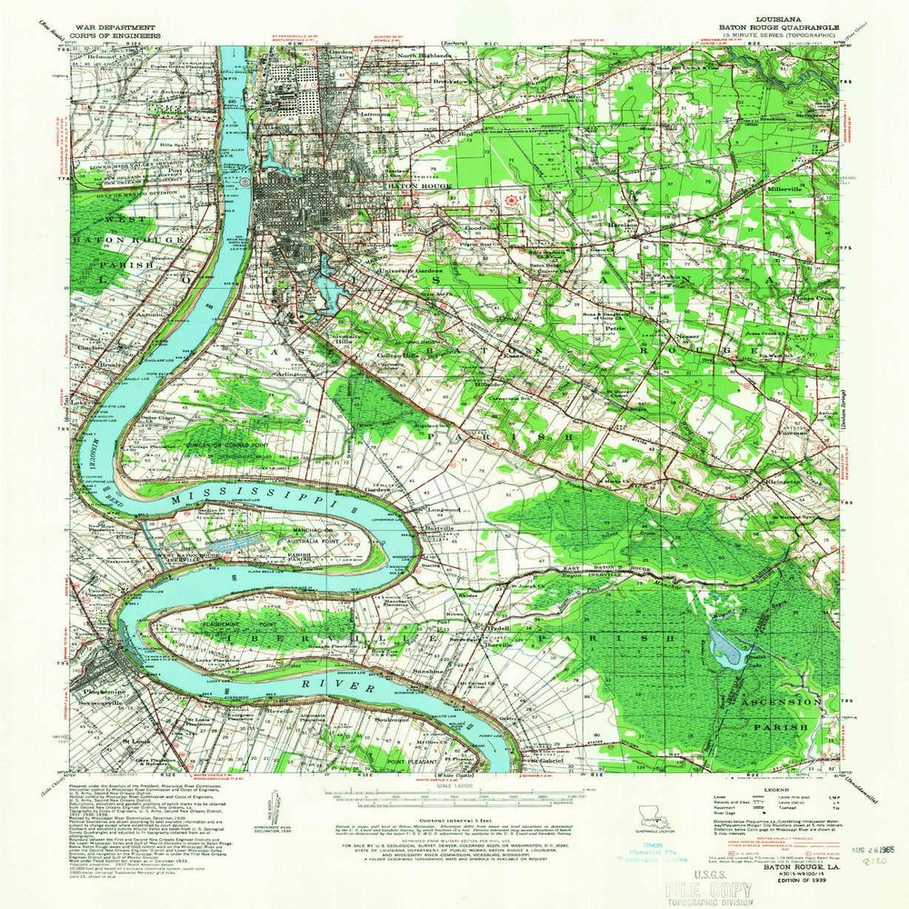 YellowMaps Baton Rouge LA topo map, 1:62500 Scale, 15 X 15 Minute, Historical, 1939, Updated 1965, 21.8 x 17.9 in - Polypropylene