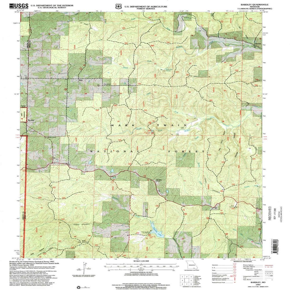 YellowMaps Bardley MO topo map, 1:24000 Scale, 7.5 X 7.5 Minute, Historical, 1997, Updated 2000, 26.8 x 22 in - Polypropylene