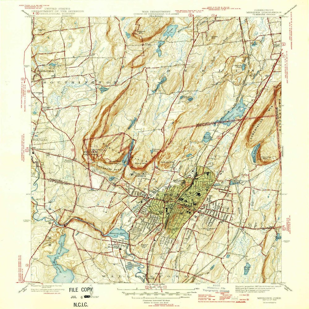 YellowMaps Meriden CT topo map, 1:31680 Scale, 7.5 X 7.5 Minute, Historical, 1946, 20 x 16 in - Tyvek