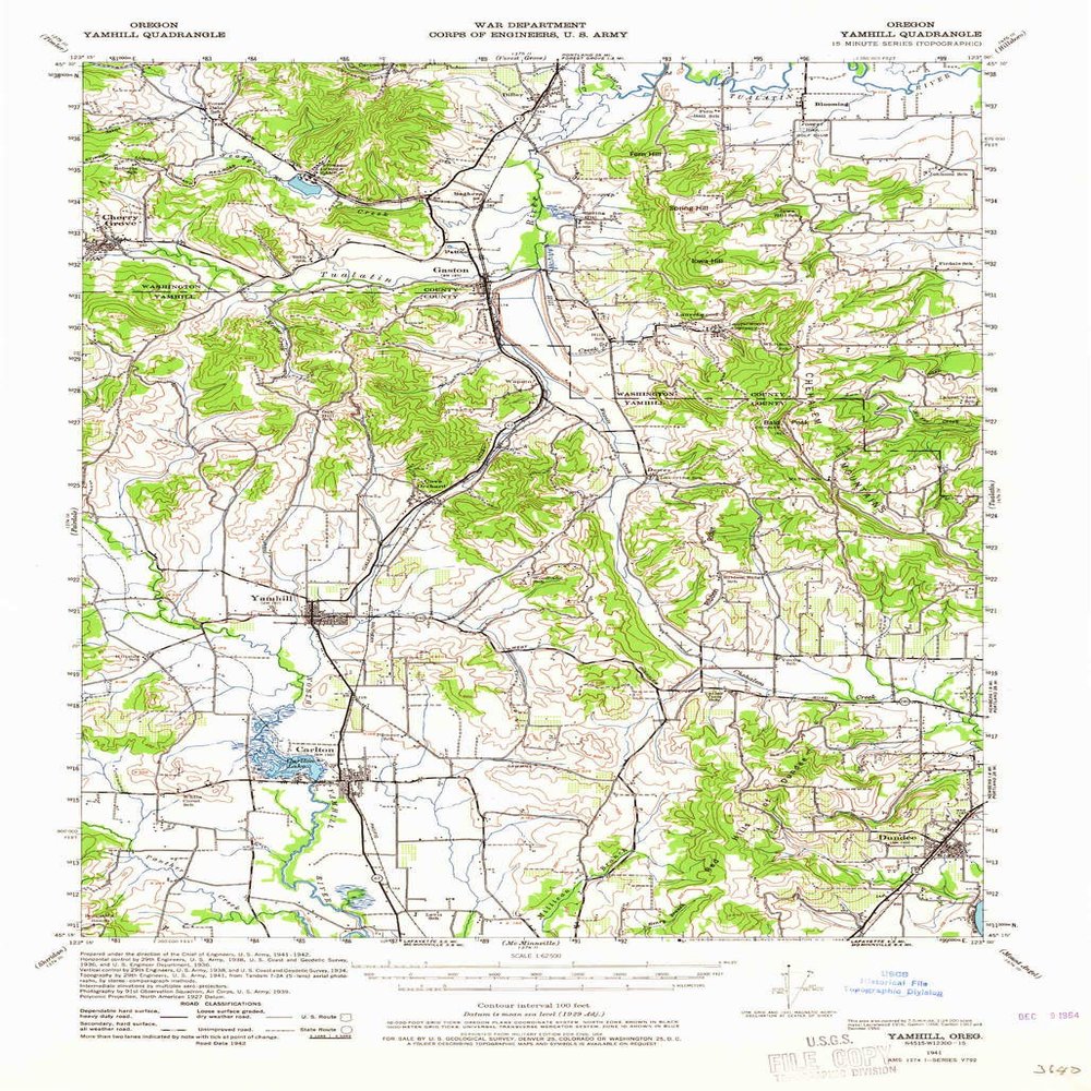 Yamhill OR topo map, 1:62500 Scale, 15 X 15 Minute, Historical, 1941, Updated 1964, 21.8 x 15 in - Tyvek