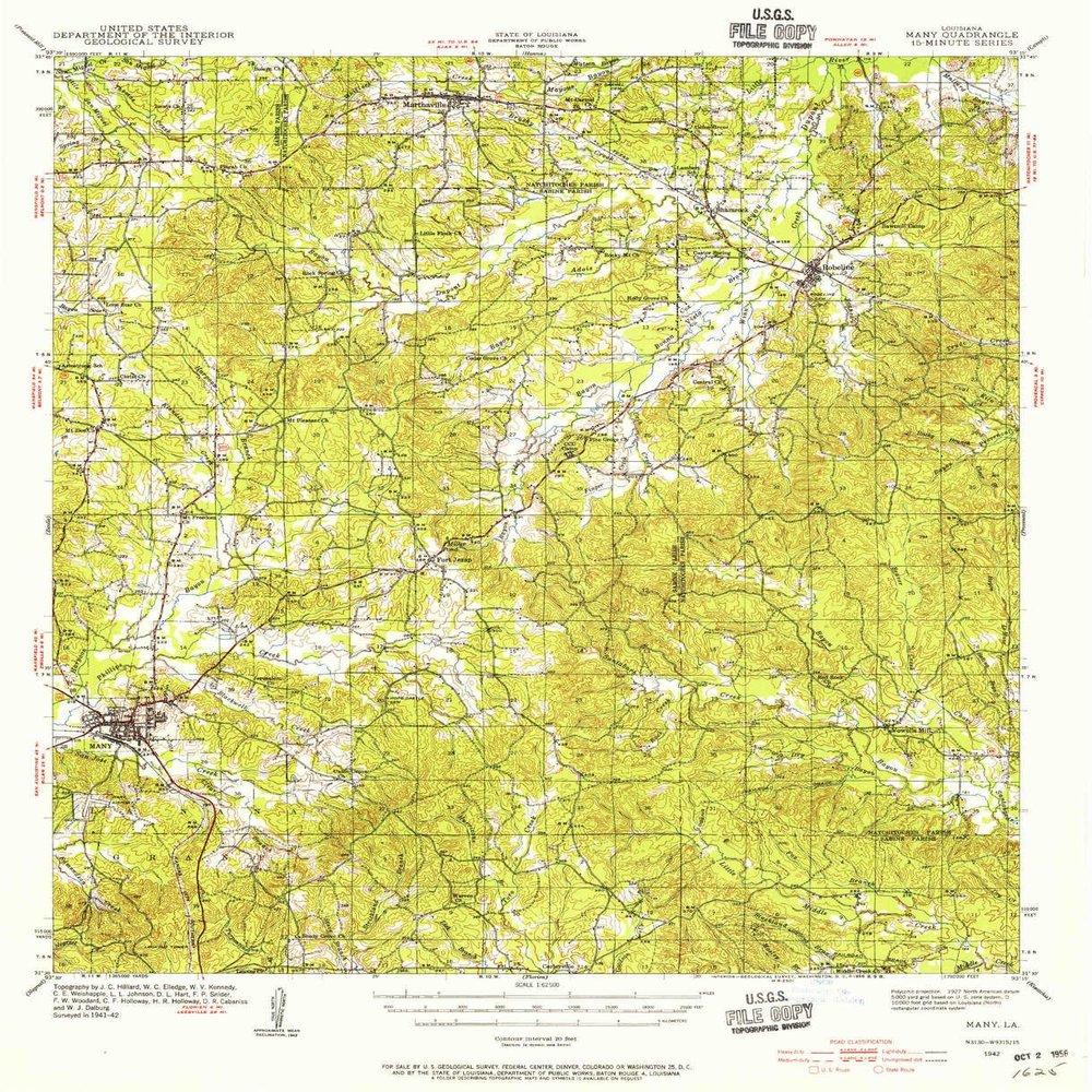 YellowMaps Many LA topo map, 1:62500 Scale, 15 X 15 Minute, Historical, 1942, Updated 1956, 20.8 x 16.9 in - Tyvek