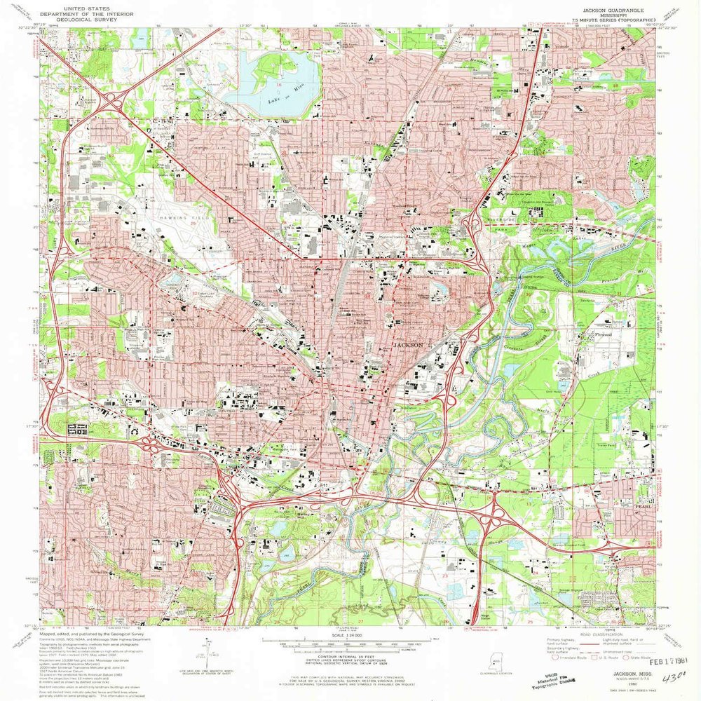 YellowMaps Jackson MS topo map, 1:24000 Scale, 7.5 X 7.5 Minute, Historical, 1980, Updated 1981, 26.7 x 22 in - Polypropylene