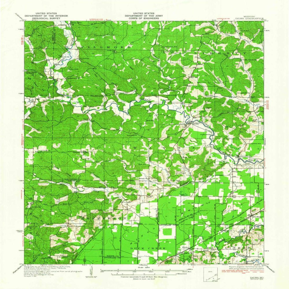 YellowMaps Zalma MO topo map, 1:62500 Scale, 15 X 15 Minute, Historical, 1935, 20.8 x 16.9 in - Polypropylene