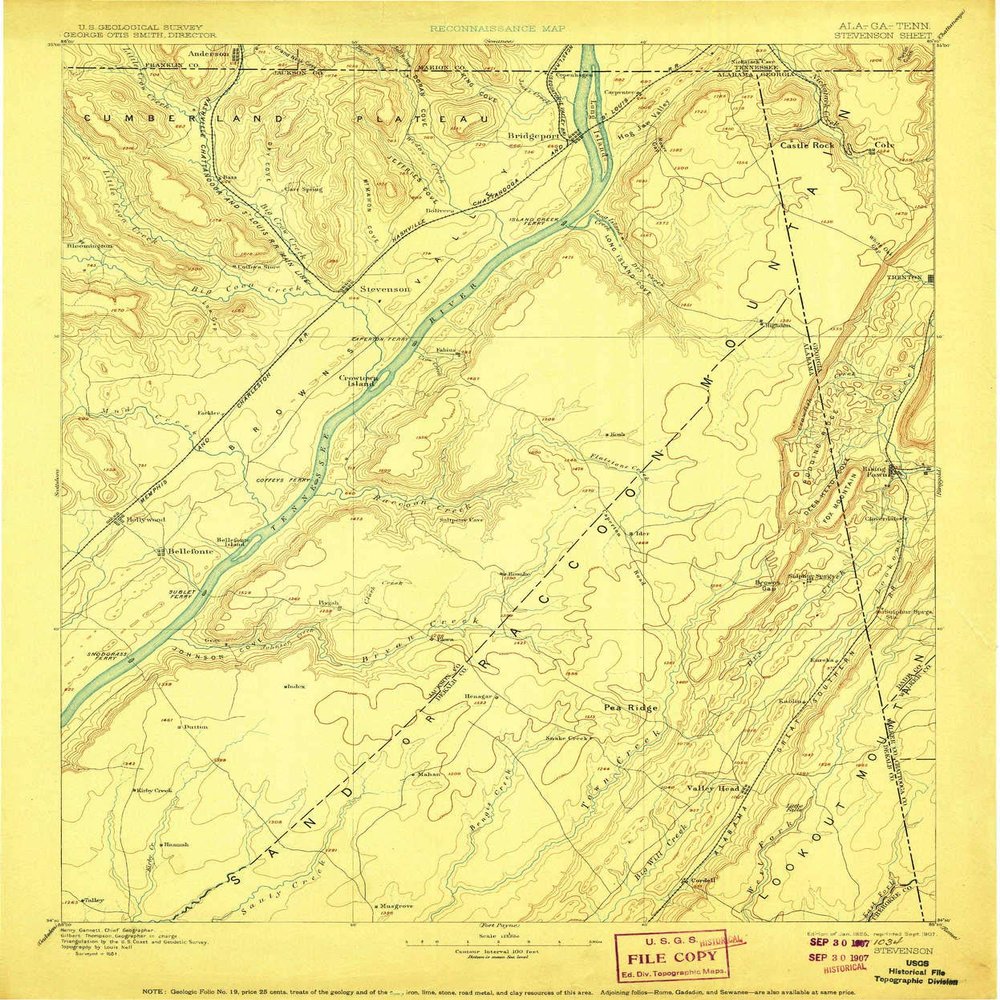 YellowMaps Stevenson AL topo map, 1:125000 Scale, 30 X 30 Minute, Historical, 1895, Updated 1907, 19.9 x 16.5 in - Polypropylene