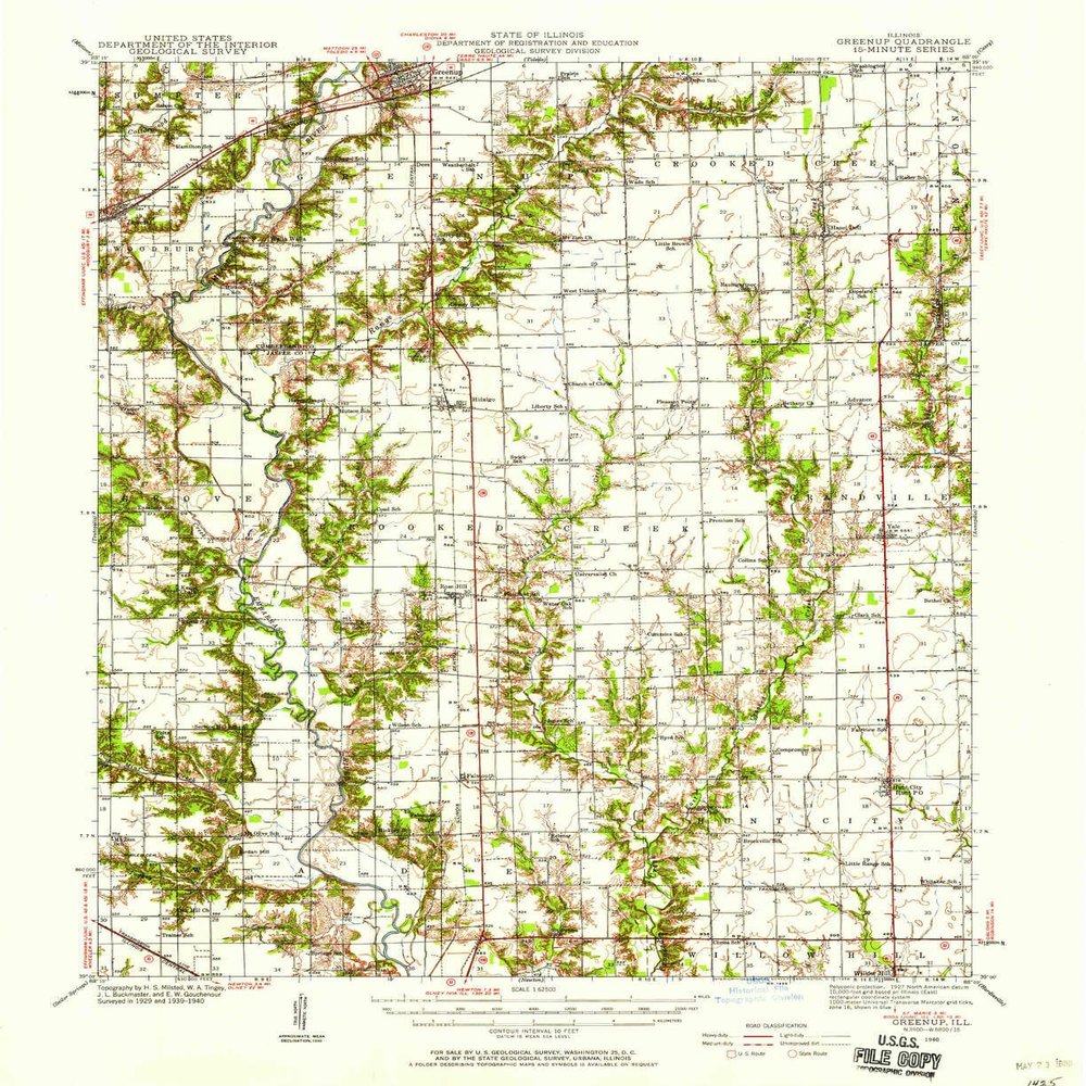 YellowMaps Greenup IL topo map, 1:62500 Scale, 15 X 15 Minute, Historical, 1940, Updated 1958, 20.8 x 17 in - Polypropylene