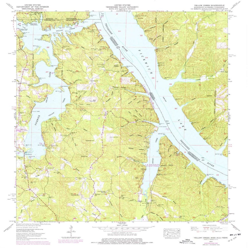 Yellow Creek MS topo map, 1:24000 Scale, 7.5 X 7.5 Minute, Historical, 1953, Updated 1977, 26.9 x 22 in - Tyvek