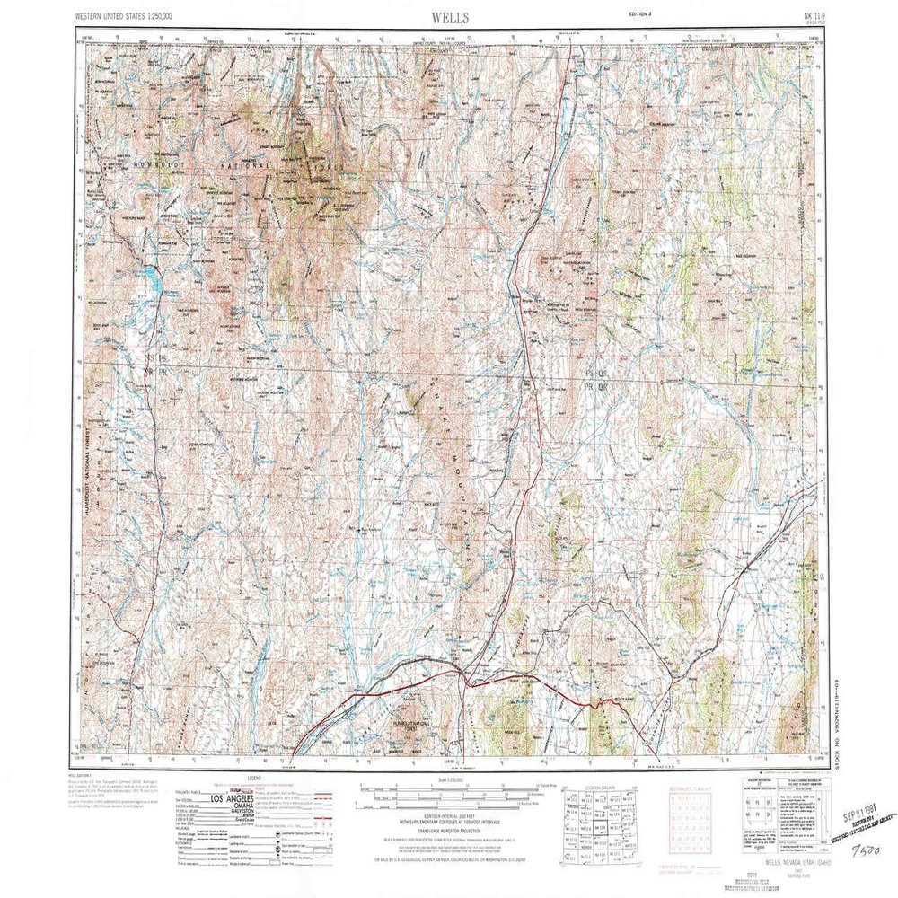Wells NV topo map, 1:250000 Scale, 1 X 2 Degree, Historical, 1955, Updated 1973, 22.1 x 32.2 in - Polypropylene