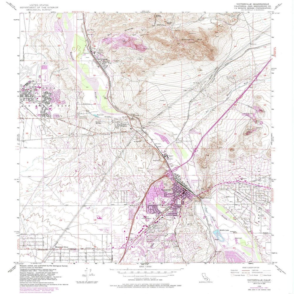 YellowMaps Victorville CA topo map, 1:24000 Scale, 7.5 X 7.5 Minute, Historical, 1956, Updated 1985, 26.8 x 22 in - Polypropylene