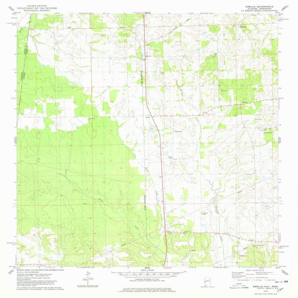 Emelle AL topo map, 1:24000 Scale, 7.5 X 7.5 Minute, Historical, 1974, Updated 1978, 26.8 x 21.9 in - Tyvek