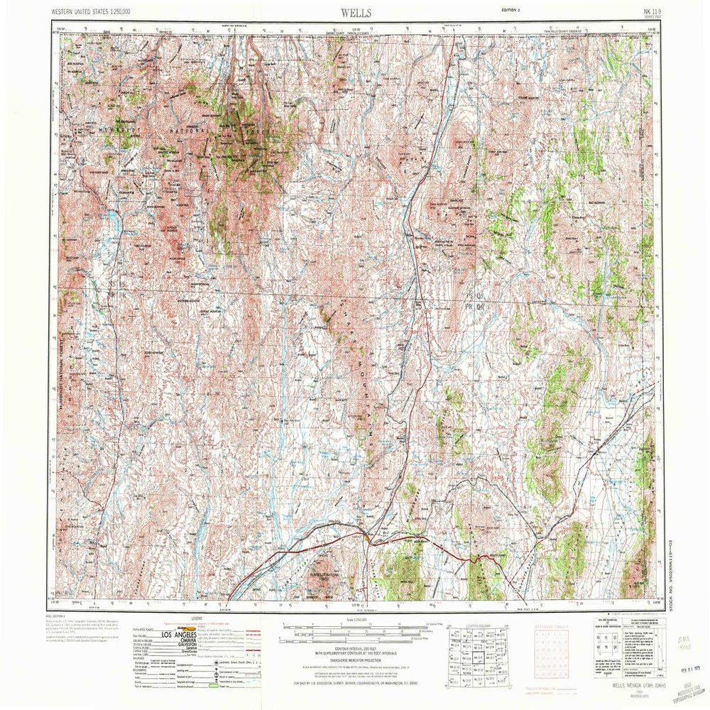 Wells NV topo map, 1:250000 Scale, 1 X 2 Degree, Historical, 1955, Updated 1973, 21.9 x 31.3 in - Polypropylene