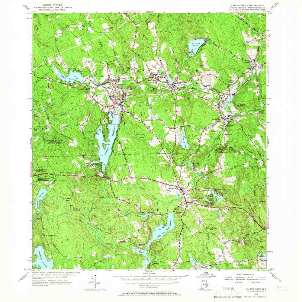 YellowMaps Chepachet RI topo map, 1:24000 Scale, 7.5 X 7.5 Minute, Historical, 1955, Updated 1966, 26.9 x 22 in - Polypropylene