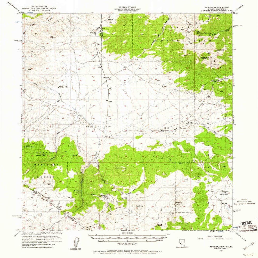 YellowMaps Aurora NV topo map, 1:62500 Scale, 15 X 15 Minute, Historical, 1956, Updated 1961, 20.8 x 16.9 in - Polypropylene