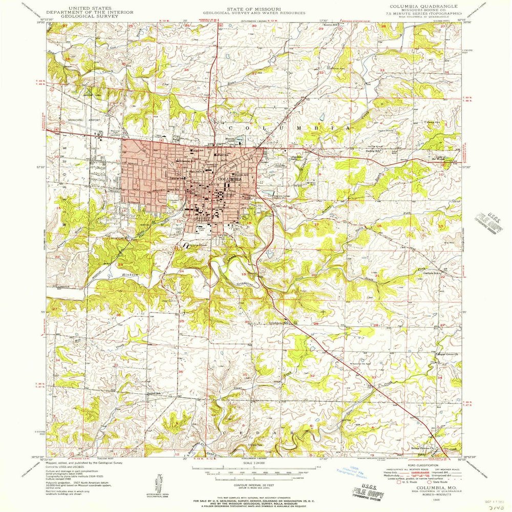 YellowMaps Columbia MO topo map, 1:24000 Scale, 7.5 X 7.5 Minute, Historical, 1948, Updated 1956, 26.8 x 21.9 in - Polypropylene