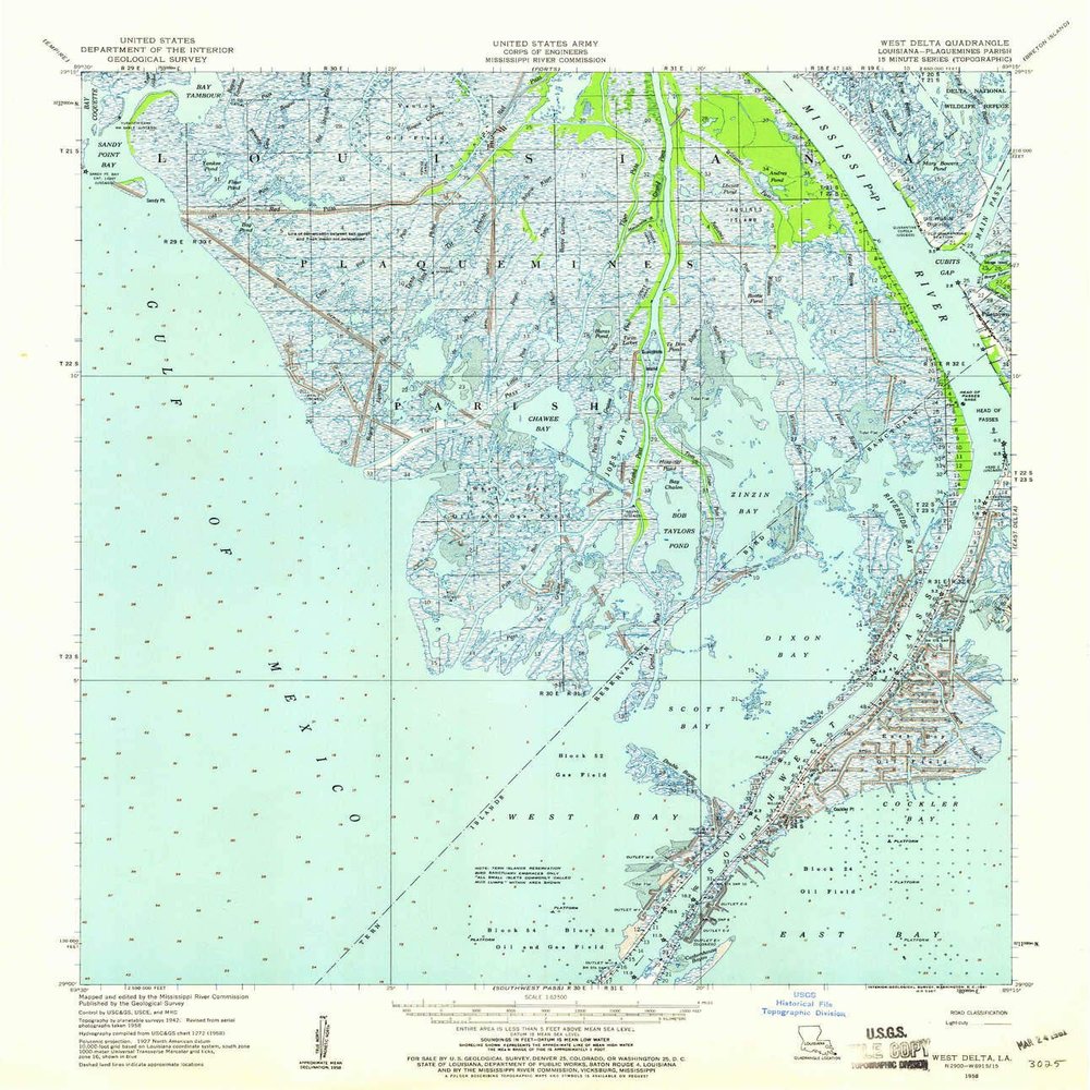 YellowMaps West Delta LA topo map, 1:62500 Scale, 15 X 15 Minute, Historical, 1958, Updated 1961, 20.8 x 18 in - Tyvek