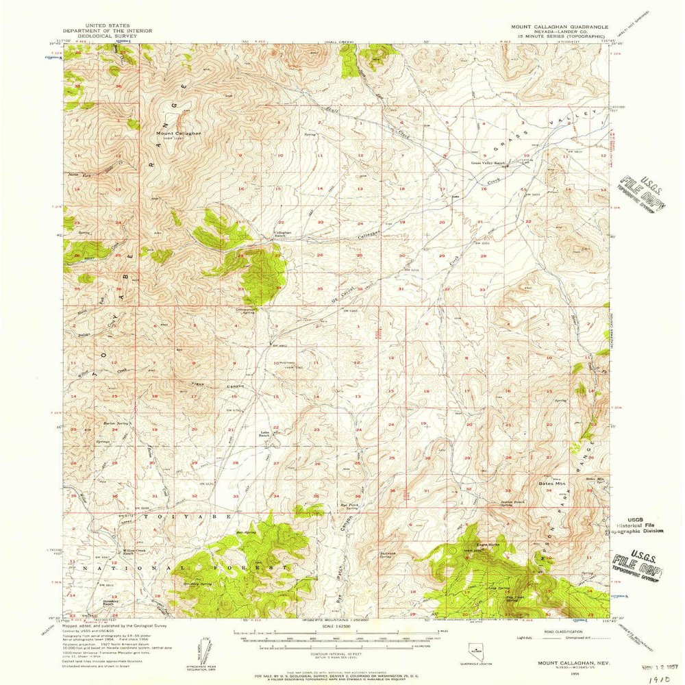 YellowMaps Mount Callaghan NV topo map, 1:62500 Scale, 15 X 15 Minute, Historical, 1956, Updated 1957, 20.8 x 17 in - Polypropylene