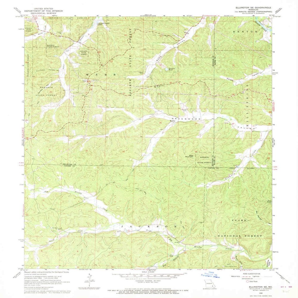 YellowMaps Ellington SE MO topo map, 1:24000 Scale, 7.5 X 7.5 Minute, Historical, 1968, Updated 1969, 26.9 x 21.9 in - Tyvek
