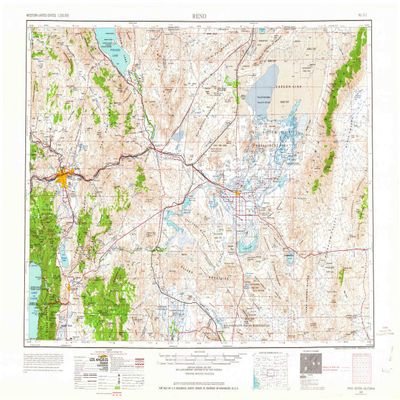 YellowMaps Reno NV topo map, 1:250000 Scale, 1 X 2 Degree, Historical, 1957, Updated 1963, 22.4 x 32.1 in - Polypropylene
