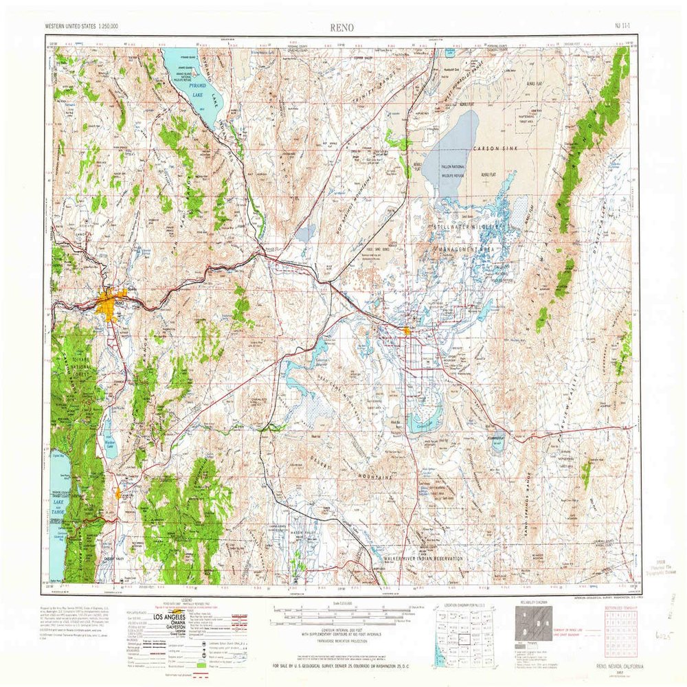 YellowMaps Reno NV topo map, 1:250000 Scale, 1 X 2 Degree, Historical, 1957, Updated 1963, 22.4 x 32.1 in - Polypropylene