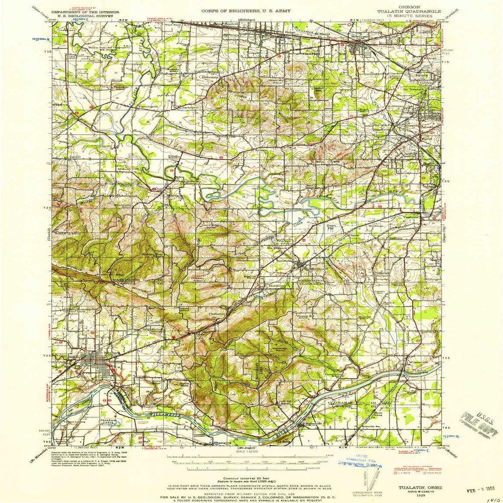 YellowMaps Tualatin OR topo map, 1:62500 Scale, 15 X 15 Minute, Historical, 1939, Updated 1958, 20.8 x 15.9 in - Tyvek