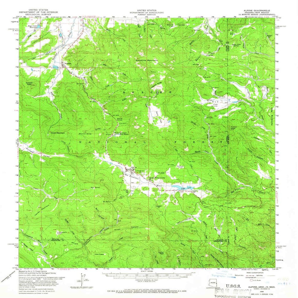 YellowMaps Alpine AZ topo map, 1:62500 Scale, 15 X 15 Minute, Historical, 1958, Updated 1966, 20.8 x 17 in - Polypropylene