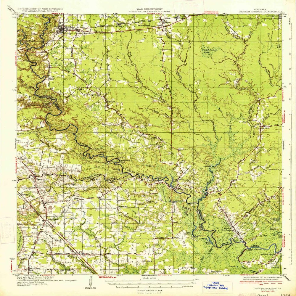YellowMaps Denham Springs LA topo map, 1:62500 Scale, 15 X 15 Minute, Historical, 1934, 19.9 x 16.9 in - Polypropylene
