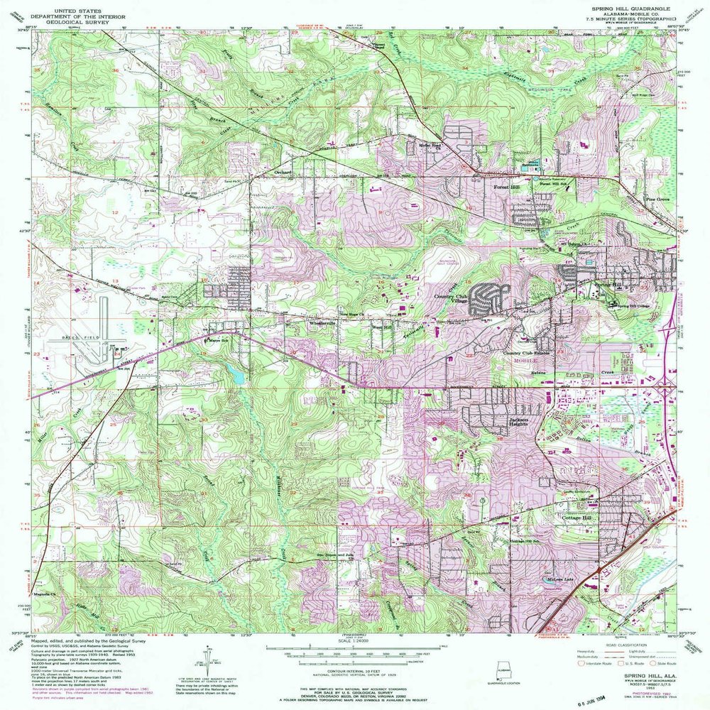 YellowMaps Spring Hill AL topo map, 1:24000 Scale, 7.5 X 7.5 Minute, Historical, 1953, Updated 1983, 26.7 x 21.6 in - Polypropylene