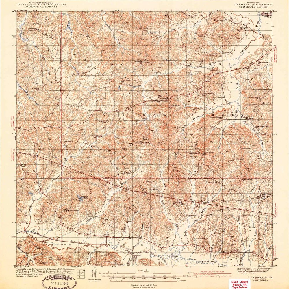 YellowMaps Denmark MS topo map, 1:62500 Scale, 15 X 15 Minute, Historical, 1943, 19.8 x 16.4 in - Polypropylene
